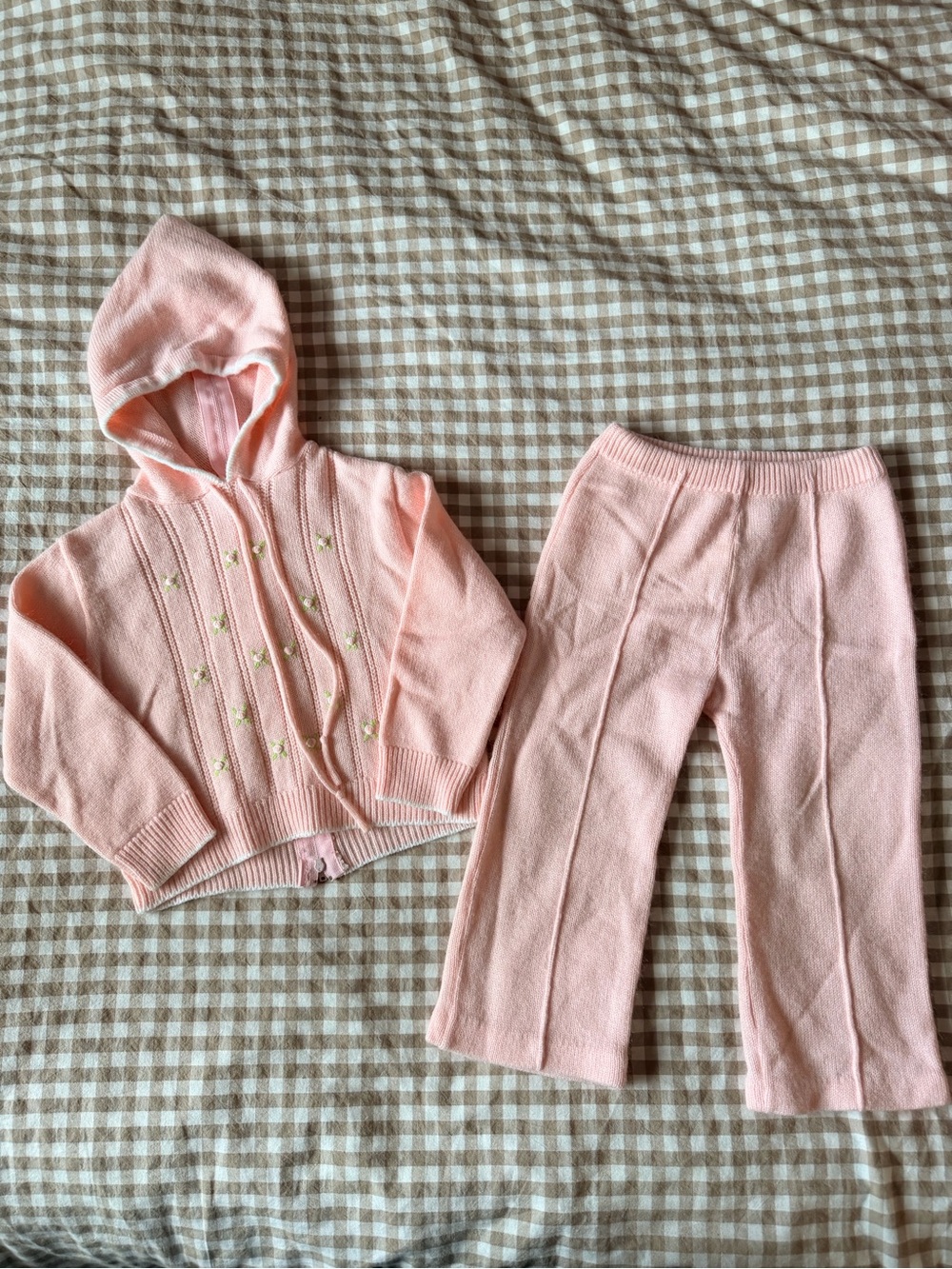 Vintage Light Pink Knit Hoodie via & Pants Set - Embroidered Detail
